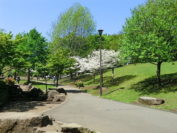 周辺環境:岸根公園(広々とした芝生広場や桜が綺麗な篠原池のほか、野球場、県立武道館などがあります。「忍者とりで」には吊り橋などの複合遊具があります。)