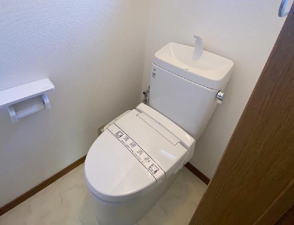 ウォシュレット、暖房便座機能付のトイレです。従来型に比べ節水効果があり、お手入れもしやすいので、家計も家事の負担も軽減してくれます。