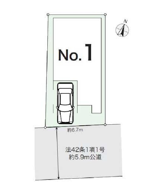 区画図:南側が道路に面し、日当り良好。前面道路は車通りの少ない道路。段差もなくお車の出し入れが苦手な方も駐車しやすそうです。