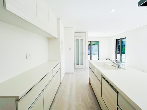 背面にカップボードが備え付けされています。システムキッチンと一体感あるカラーで見た目もgood。たまにしか使わない調理家電の収納に重宝します。