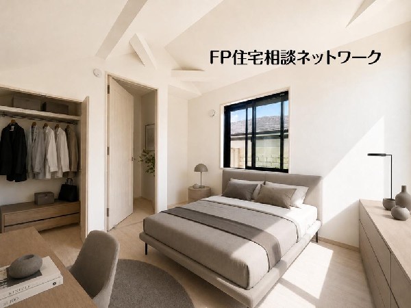 勾配天井が生む開放感と、柔らかな陽光に包まれる主寝室。日々の暮らしを美しく彩るミニマルデザイナーズ空間。※本画像はAI加工を施しており、家具家電等は含まれません。
