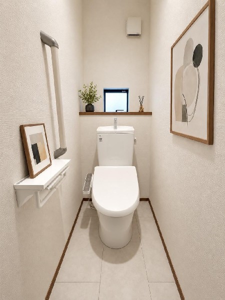 スッキリとしたデザインのトイレは明かり取りの窓からも光が取り込まれ日中は電気を消していてもご使用いただける明るさとなっております。