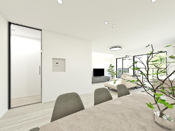 リズミカルな音楽が流れココロ踊るこのときめく空間。これまで何気なく感じていた家族の生活導線も美しく感じる瞬間　ここは我が家の”お城”なんだと幸せに包まれる。