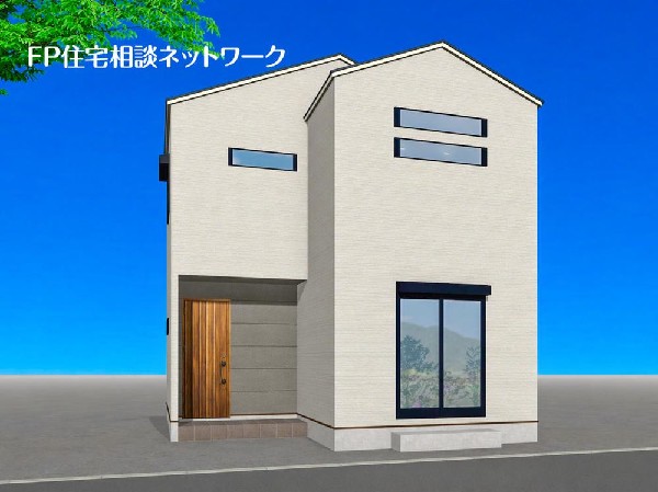 外観:（B号棟）完成予想図  白を基調に2種類のアクセントカラーで個性を演出、爽やかな中にもあたたかみを感じさせるデザイン。青空を背景に凛と立つスタイリッシュな外観が、住まう人に誇りを与えてくれます。