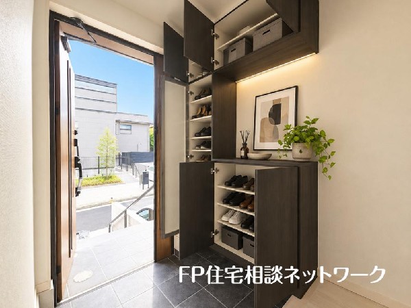 外観:散らかりがちな玄関もスッキリと保てる玄関収納は家の中に入る時一番最初に目に付く場所だから拘りたいですよね！木目調の落ち着いた雰囲気の色目が、家の雰囲気をそのまま表している家の顔です。