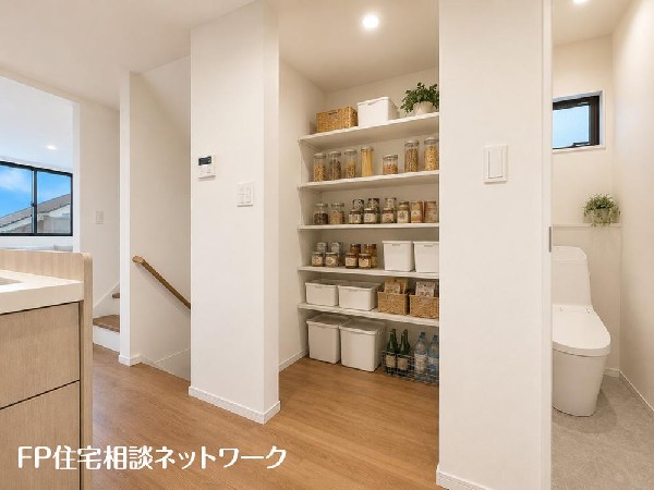 キッチン隣には、ストック食材や調理家電の収納に便利なパントリー収納付です♪（本画像はCGで作成しており、実際に現地に家具はおかれておりません。また価格に家具は含まれておりません。）