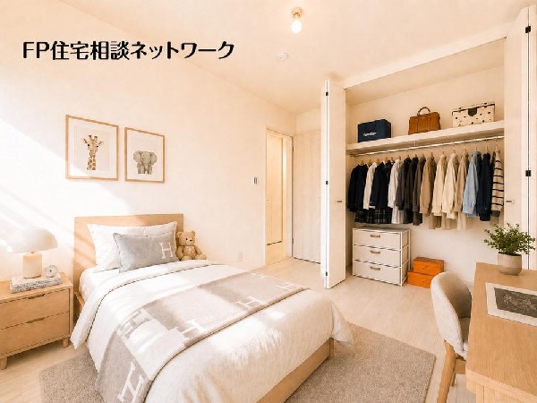 お子さまの成長に寄り添う、やさしい陽光に包まれた洋室♪学習スペースと収納力を兼ね備えた使いやすい空間設計。（一部AIにて生成しており、実際に現地に家具・家電・小物等はおかれておりません。）
