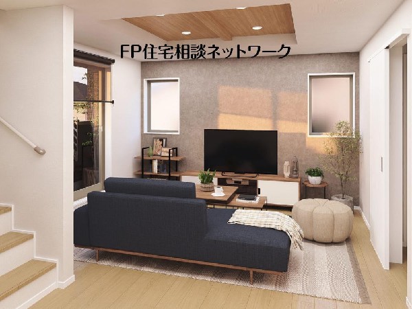 家族だんらんのリビング。家具の配置がしやすい広さを確保しつつ、窓が多い設計は沢山の光が取り込める拘りの間取りです。明るいリビングで寛ぐ新しい生活をスタートさせてみませんか。