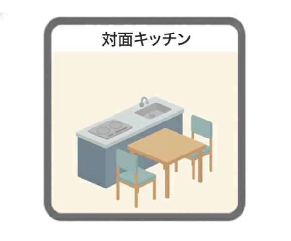 外観:【対面キッチン】リビングを見渡せる対面キッチンを採用。家族とのコミュニケーションを取りながら料理ができ、開放感のある空間を演出します。