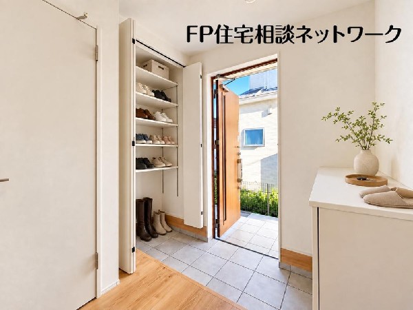 外観:【玄関】  本画像はAIによるステージング加工を施したイメージです。家具・家電・小物等は現地にはなく、販売価格にも含まれません。実際の現況とは異なります。