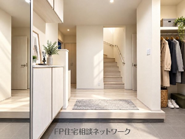 外観:明るい玄関が毎日の暮らしを心地よく演出♪靴や小物もすっきり片付き、きれいな玄関空間を保てます！（本画像はCGで作成しており、実際に現地に家具はおかれておりません。また価格に家具は含まれておりません。）