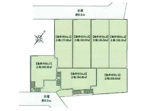 区画図:平均土地面積186m2、港北ニュータウン内の全7区画　心地よく暮らすための開放感を住宅に享受するゆとりの邸宅地誕生