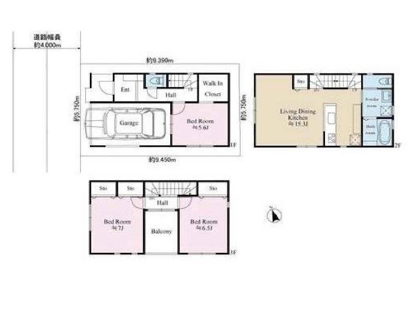 外観:建物プラン例(A区画)3LDK、土地価格4280万円、土地面積54.17m2、建物価格1880万円、建物面積86.95m2