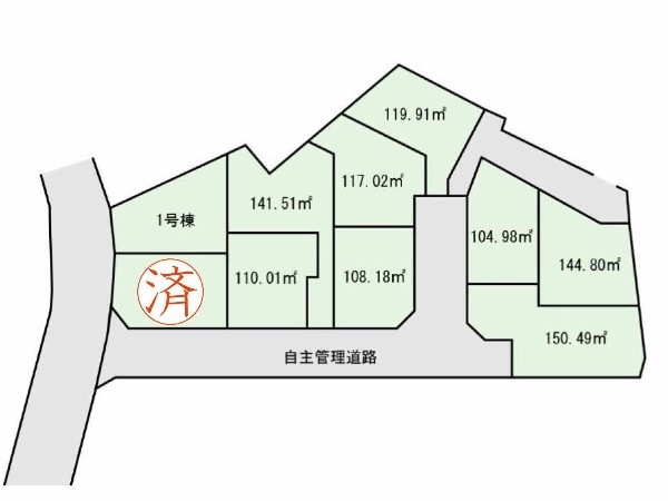 区画図:南道路、東南角地に面する2棟！日当たり良好、解放感もございます。