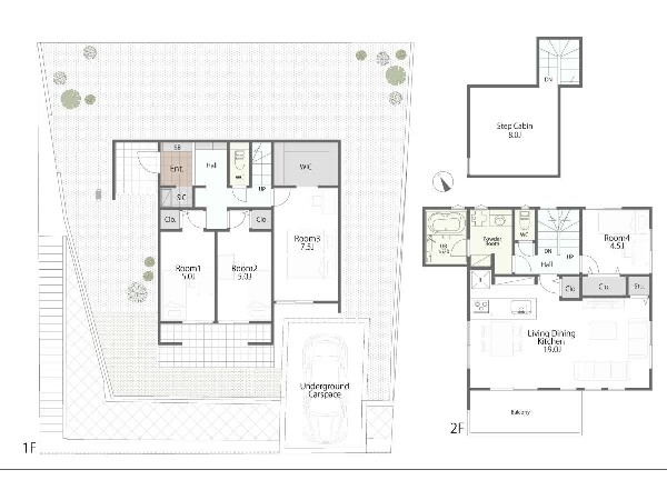 外観:参考プラン間取り： 4LDK　土地面積： 240.83m2　プラン建物面積： 107.64m2