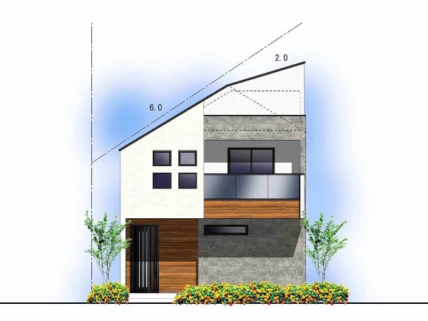 外観:4号棟　西側　完成予想イメージ：落ち着きある住宅街、一種低層住居専用地域内に位置しています。