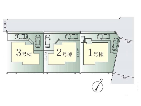 区画図:全棟土地面積164m2以上のゆとりの敷地で南側にはお庭スペースも完備！