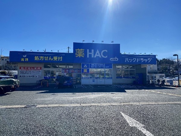 周辺環境:ハックドラッグ長沢店(青地に 白い字の「HAC」が目立つ広い店舗では、医薬品のほか食品と日用品を扱っています。)