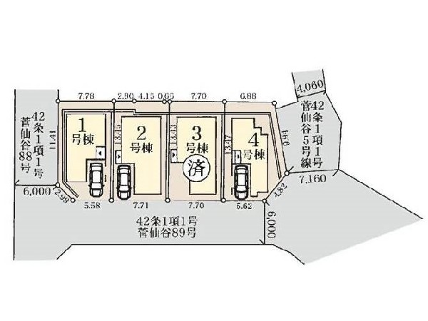 区画図: 南側道路に面する全4棟！前面道路広々しておりますのでお車の出し入れもスムーズに行えます。