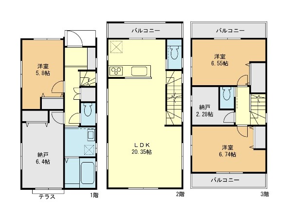 外観:建物プラン例  間取り：3LDK+2S、土地面積：80.05平米、建物価格：1500万円、建物面積：109.42平米