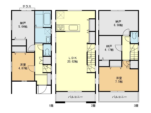 外観:建物プラン例  間取り：3LDK+2S、土地面積：73.33平米、建物価格：1500万円、建物面積：118.51平米(車庫面積6.15平米含む）