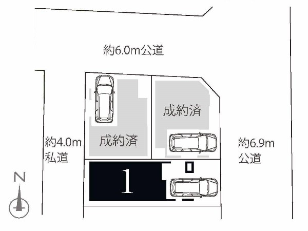 区画図:1号棟は東と西側の両面道路で解放感がある住宅です。