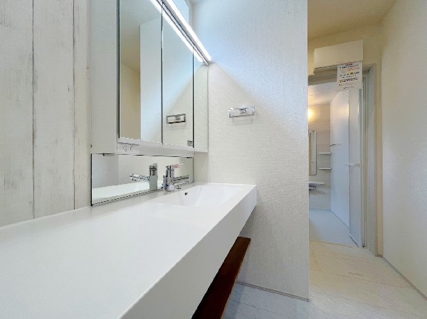 洗面化粧台には、カウンターも設置されていて、朝の忙しい時間帯でもストレスフリー。