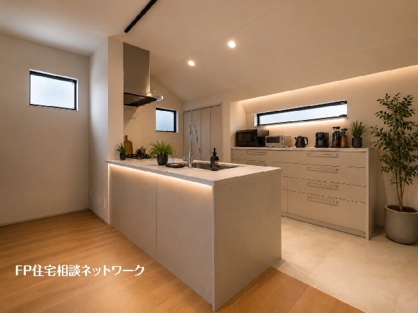 【参考プラン　建物面積100ｍ2　建物参考価格　2200万円（税込）】対面式のカウンターキッチンです。出来上がったお料理をお子様が運ぶなど、お手伝いの時間も増えそうですね。