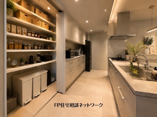 【参考プラン　建物面積100ｍ2　建物参考価格　2200万円（税込）】キッチン横にはパントリースペースを完備。食べ盛りのお子様がいるご家庭や共働きのママにとって非常に便利です。