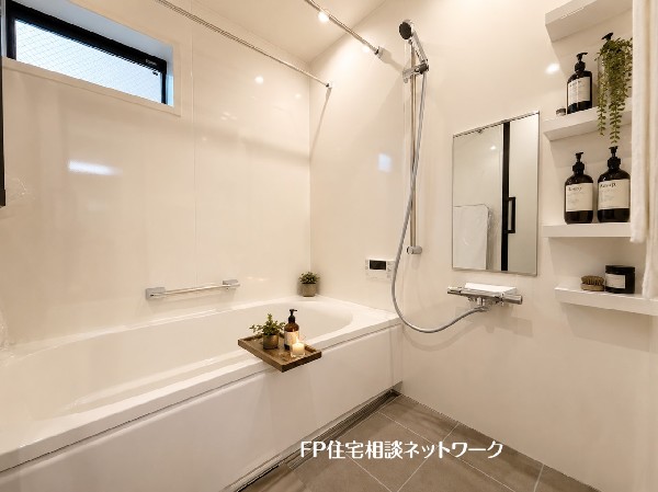 【参考プラン　建物面積100ｍ2　建物参考価格　2200万円（税込）】ゆったり入れる一坪バスは、足を伸ばして一日の疲れを癒すのに嬉しい。お子様と一緒の入浴にも充分な広さです。