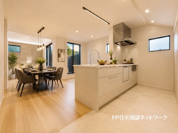 【参考プラン　建物面積100ｍ2　建物参考価格　2200万円（税込）】リビングで遊ぶお子様を見守りながらお料理が出来る、対面式カウンターキッチンです。