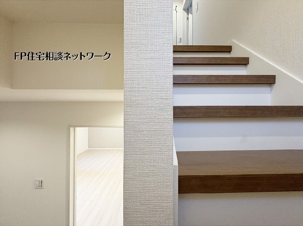 踏み板の温かな木目と、蹴込み板の白さが美しいコントラストを描く階段スペース。シンプルながらも洗練されたツートンカラーのデザインが、廊下や居室との一体感を生み出し、住まい全体を明るく演出します。