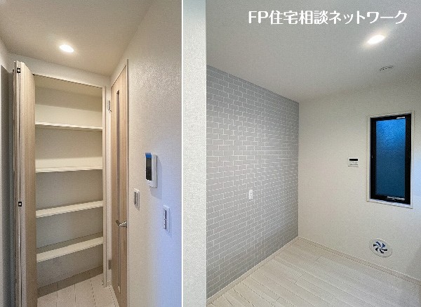 キッチン隣には、ストック食材やキッチン家電の収納に便利なパントリー収納付です。大きなお弁当箱などのシーズン品、レシピ本など収納できます。これだけのスペースがあるとスッキリ片付きます。