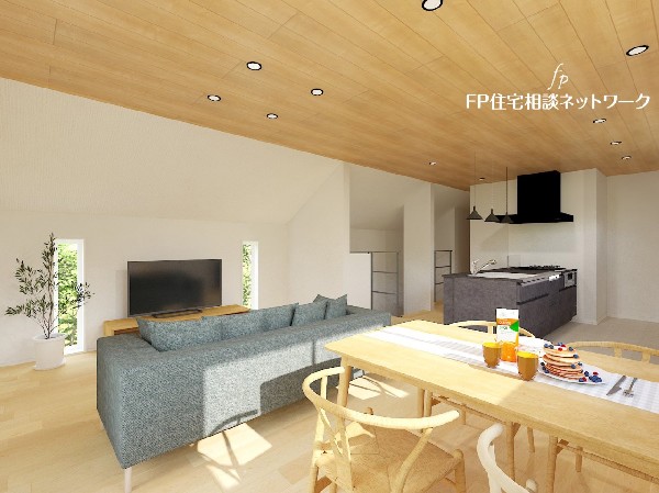 （3号棟　内観イメージパース）大切な家族が集まるからこそLDKにはこだわりたい。日当たりのよい広いＬＤＫを、子供たちが走り回っている姿を見た時「広い家にして良かった」