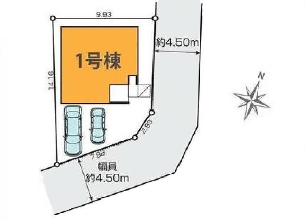 区画図:南東角地の整形地。遊具付きの大きな公園も近く、ファミリー層に嬉しい住環境。