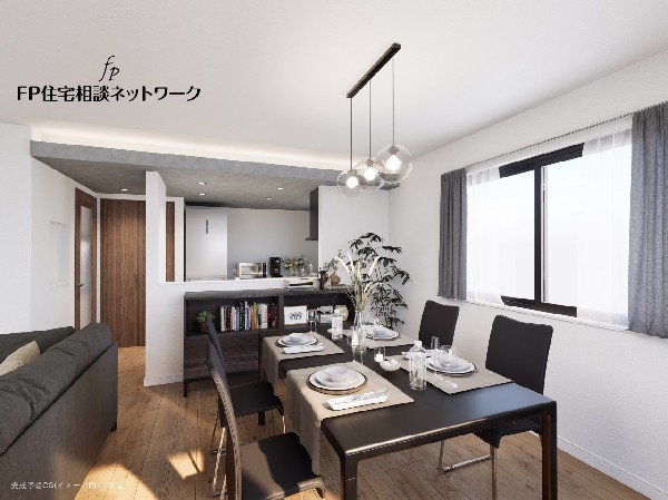 1号棟完成予想イメージ：19帖の広々ＬＤＫ。ダイニングテーブルやソファーなどの家具もしっかりと配置できます。ゆったりとした広さの空間でご家族だんらんの時間をお過ごしください。