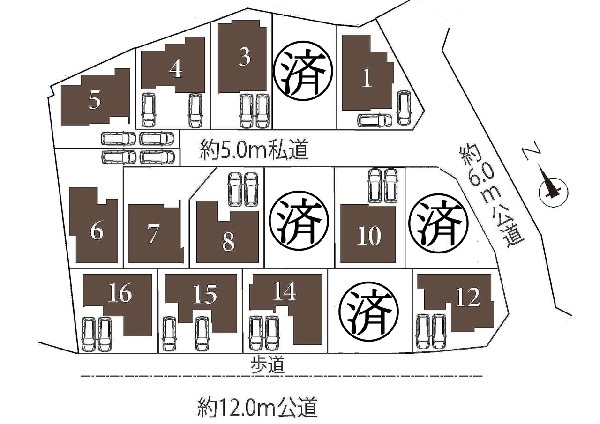 区画図:土地面積130m2以上のゆとりの敷地に全16棟の大規模分譲地です。