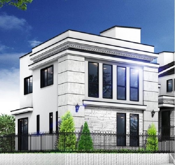 外観:【プラン例　建物価格2180万円　建物面積面積98m2】Vanilla（バニラ）外壁のさりげないストーンアクセントとモールディングがエレガントなファサードを演出します。