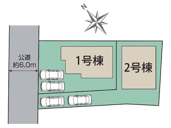 区画図:区画整理された閑静な住宅街に位置し、前面道路の幅員はゆとりの6ｍ！カースペースも2台駐車可能です。  