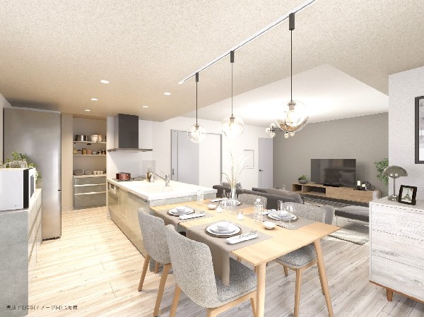 内装イメージ：家族の一体感を感じられる広々としたスペース。家族と過ごす時間を大切にする方にピッタリのゆとりの住空間です。お子様が元気に走り回っても安心して見守れます。