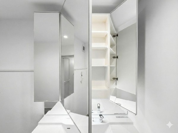 鏡の裏に豊富な収納量を確保した、三面鏡タイプの洗面化粧台。化粧品やティッシュボックス、歯ブラシなどを機能的に収納できるスペースを設えました。いつも清潔に保ちたい洗面室の整頓にも役立ちますね。