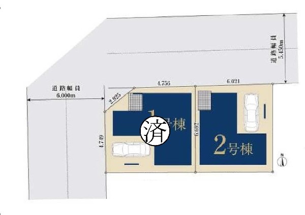区画図:前面道路は5.4ｍ以上あり、1号棟は北西角地の解放感のある立地です。