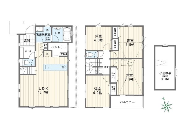 外観:建物プラン例：4LDK、土地面積125.15m2、建物価格1980万円、建物面積101.43m2