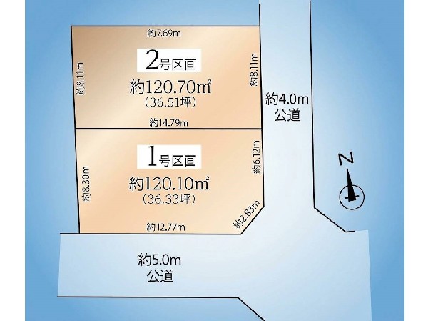 区画図:区画整理された旧分譲地内、閑静な住宅街に位置した全2区画の売地です。