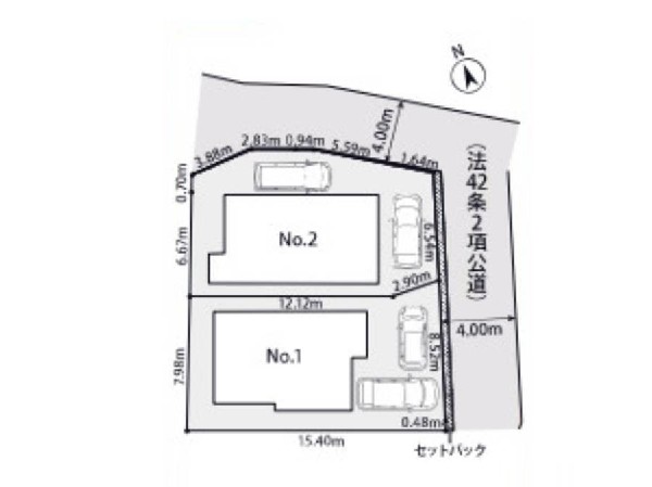 区画図:駐車2台可能な北東角地。ZEH水準に適合した高断熱・省エネ住宅。