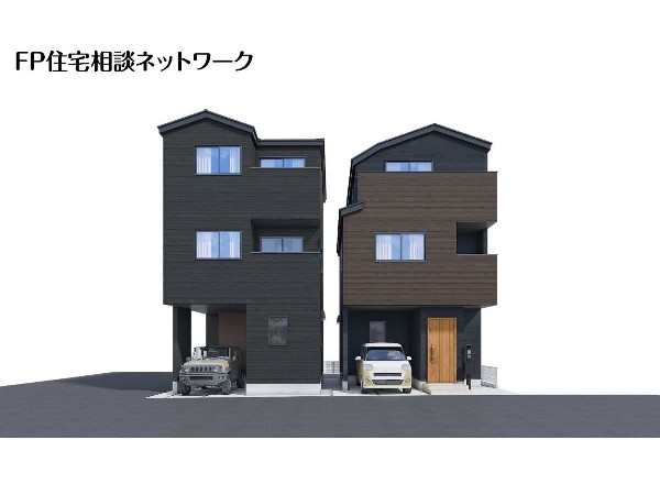 外観:完成予想イメージ：黒を基調にしたスタイリッシュな外観！LDKも17.5帖以上の広々とした空間を確保したゆとりの間取りです。