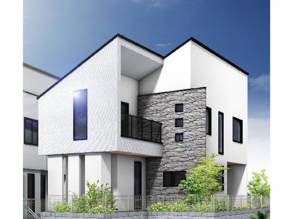 外観:【プラン例　建物価格2500万円　建物面積面積100m2】Fredge（フレッジ）アクセントの石の印影が映し出す、豊かな個性。拘りぬいたデザインがファサードに重厚感漂う風格をもたらします。