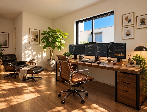 本画像はAIがPC、家具、棚、小物、照明、植栽などを生成しており、実際の現地には設置されておりません。