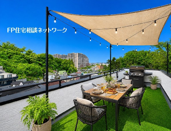 外観:【ルーフバルコニー】  本画像はAIがCGで家具・人工芝・小物を作成しており、実際の現地に家具・人工芝・小物は設置されておりません。また、販売価格に家具・人工芝・小物等は含まれておりません。