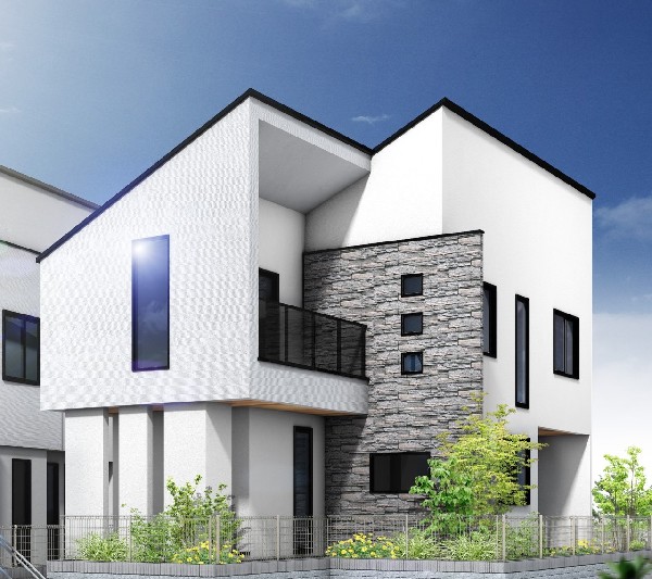 外観:【プラン例　建物価格2200万円　建物面積100m2】  Fredge（フレッジ）アクセントの石の印影が映し出す、豊かな個性。拘りぬいたデザインがファサードに重厚感漂う風格をもたらします。